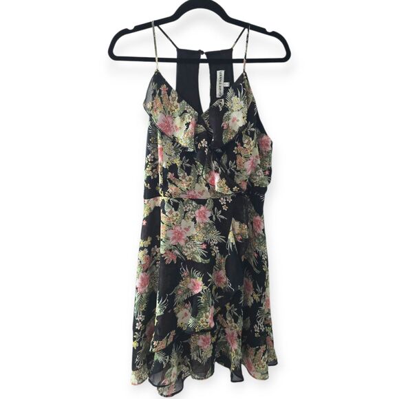 Almost Famous Size L Floral Tiered Ruffle Mini Dress Spaghetti Strap Keyhole - Picture 1 of 4